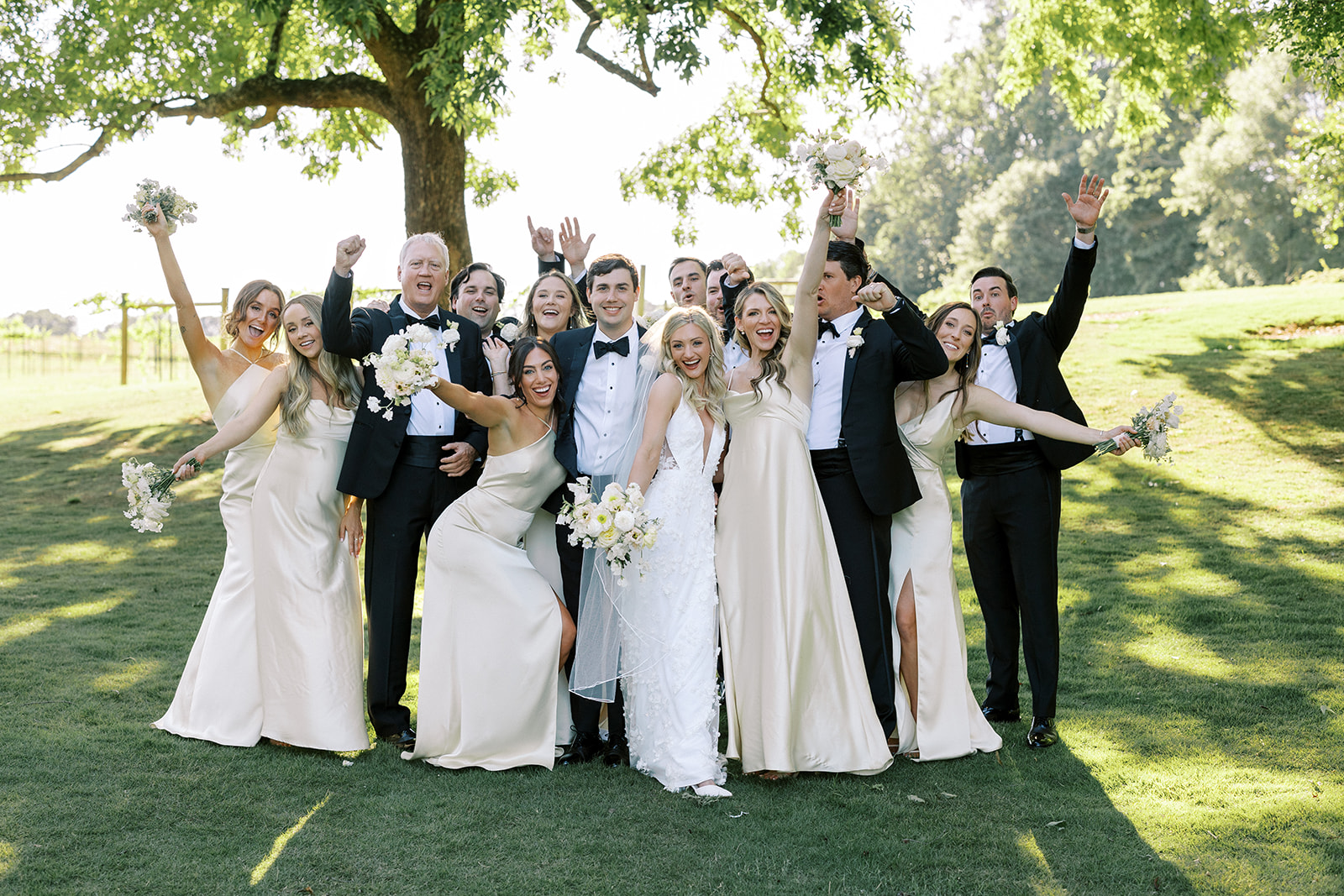 The bridal party celebrates after a wedding ceremony at an outdoor wedding venue.  The groomsmen are wearing black tuxedos and the bridesmaids are wearing elegant formal gowns and holding floral bouquets.  They are standing in the shade of a large tree on a beautiful green lawn.