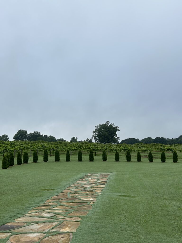 The Vineyard Ceremony Site at The Venue at Murphy Lane, near Atlanta, is a popular wedding ceremony site. The stone walkway leads to the lush, green lawn of the ceremony area.